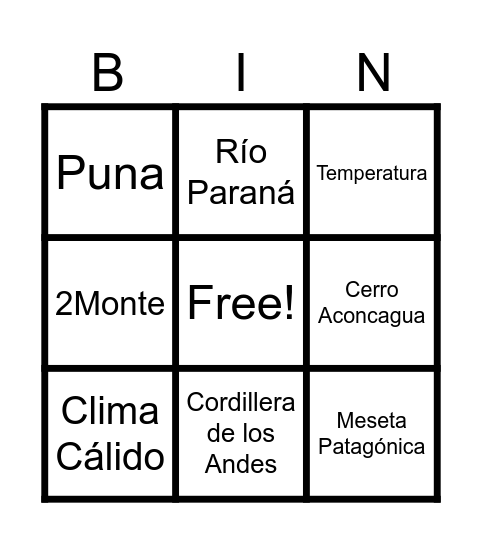 Bingo Geográfico de Argentina Bingo Card