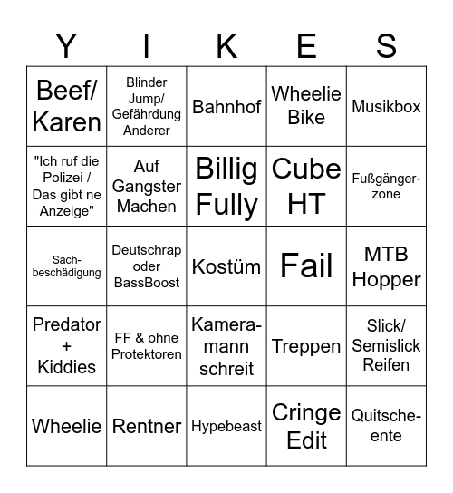 Street Fahrer starter Pack Bingo Card
