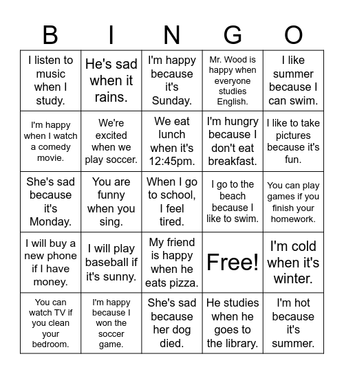 If / when / because Bingo Card
