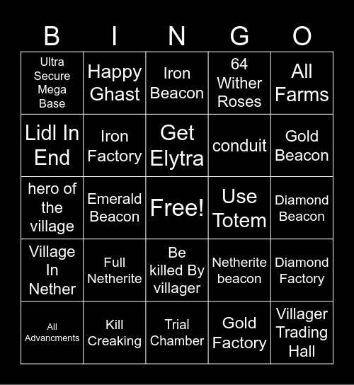 minecraft bingo Card