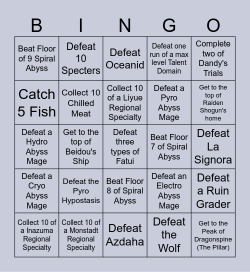 Genshin Lockout Bingo Card