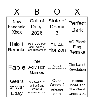 Xbox Showcase 2025 Predictions Bingo Card