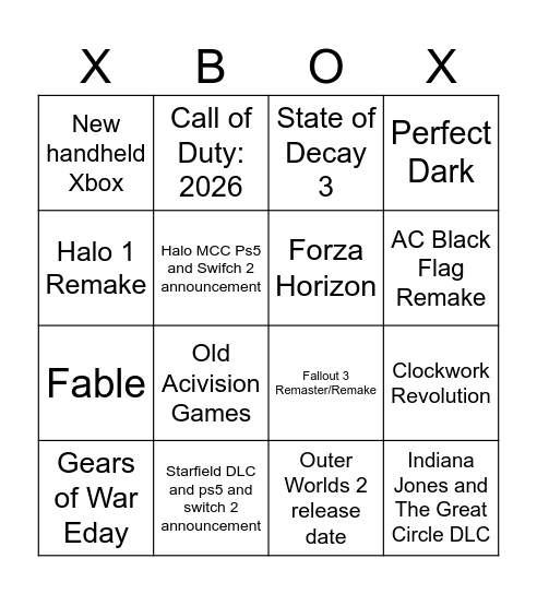 Xbox Showcase 2025 Predictions Bingo Card