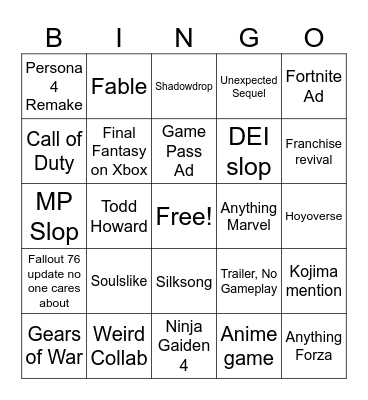 XBOX GAMES SHOWCASE Bingo Card