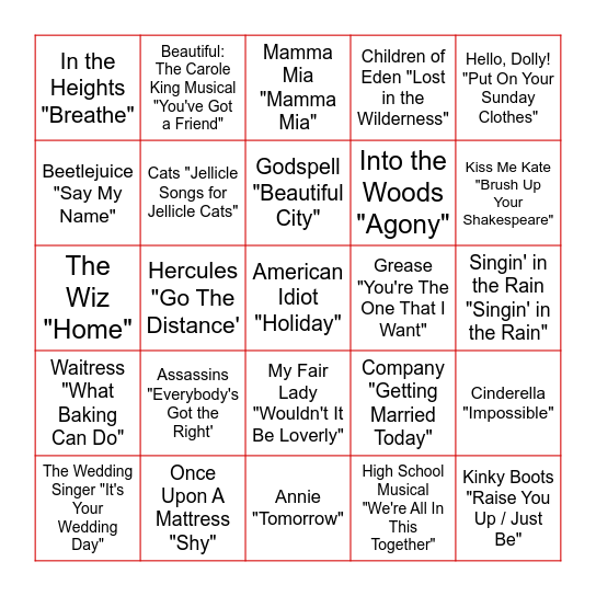 Musical Bingo Card