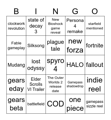 xbox bingo Card
