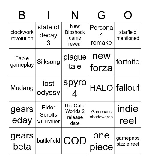 xbox bingo Card