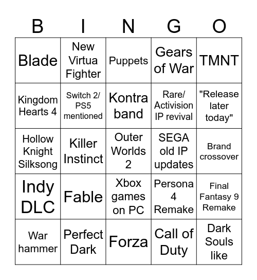 Xbox Games Showcase 2025 Bingo Card