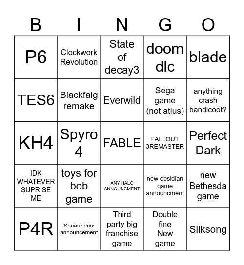 xbox showcase Bingo Card