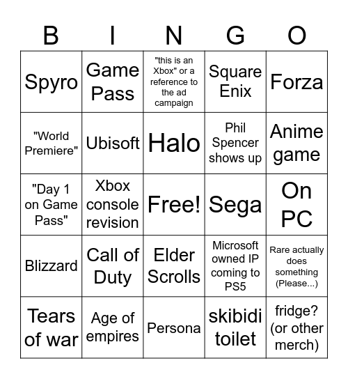xbox bingy Bingo Card