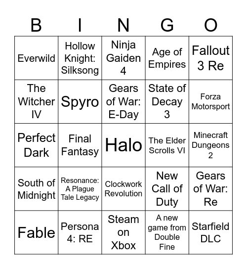 Xbox Games Showcase 2025 Bingo Card