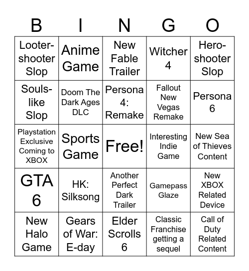 XBOX Showcase 2025 Bingo Card