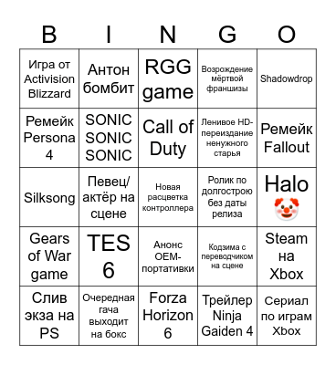 XBOX Showcase 2025 Bingo Card