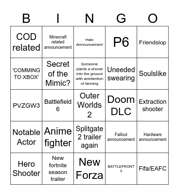 Xbox Bingo Card