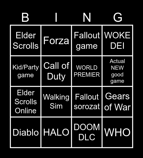 XBOX Showcase Bingo Card