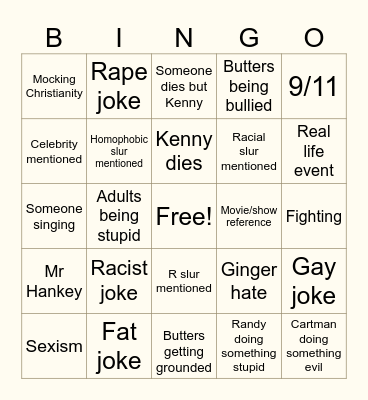 South Park Bingo Card