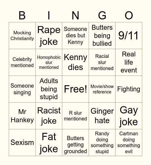 South Park Bingo Card