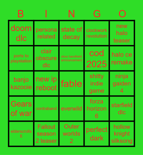 Xbox Games Showcase 2025 Bingo Card