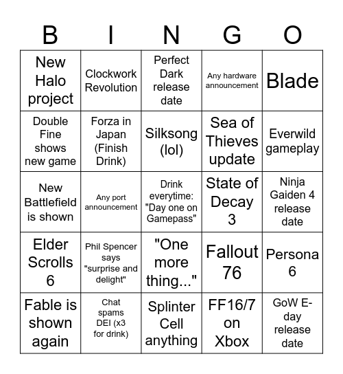 Xbox Showcase Bingo 2025 Bingo Card