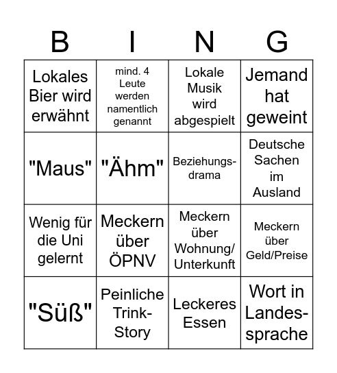 Auslandssemester Bingo Card