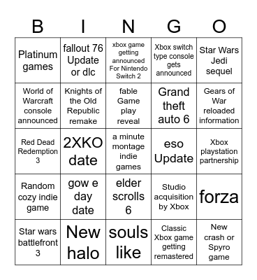 xbox games showcase bingo Card