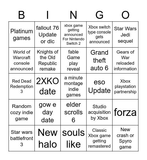xbox games showcase bingo Card