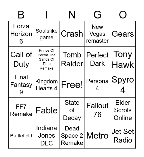 Xbox Showcase Bingo Card