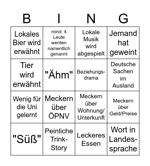 Auslandssemester Bingo Card