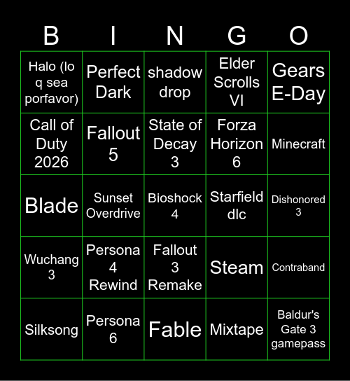 Xbox Showcase 2025 Bingo Card
