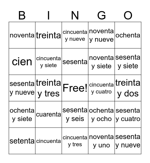 Numeros 30 a 100 Bingo Card