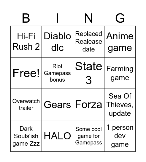 XBOX SHOWCASE - FRONK Bingo Card