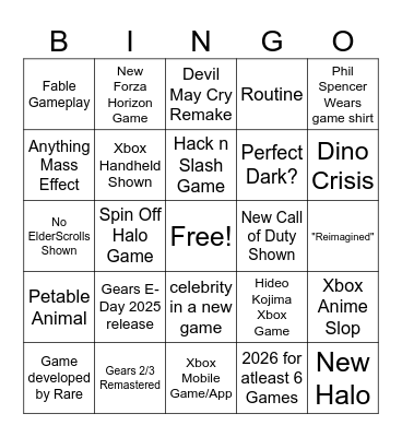xbox Bingo 2025 Bingo Card