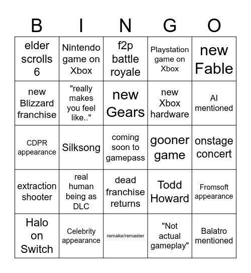xbox showcase 2025 Bingo Card