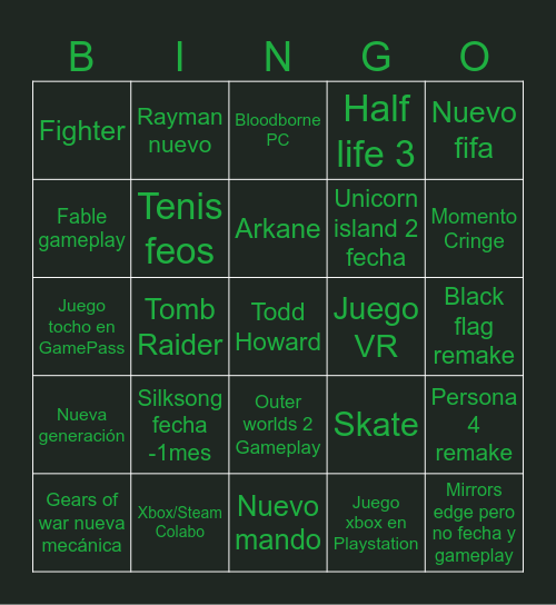Xbox showcase Bingo Card