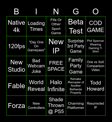 Xbox/Bethesda Game Studios Showcase Bingo Card