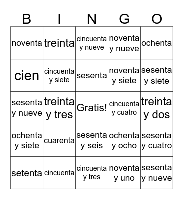 Numeros 30 a 100 Bingo Card