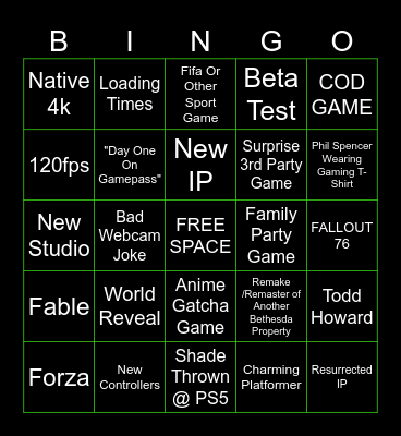 Xbox/Bethesda Game Studios Showcase Bingo Card