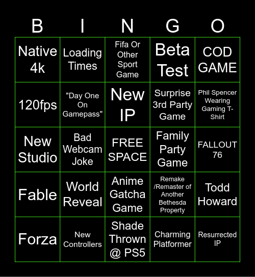 Xbox/Bethesda Game Studios Showcase Bingo Card