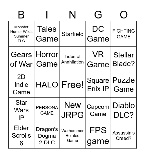 Xbox Game Show Bingo Card