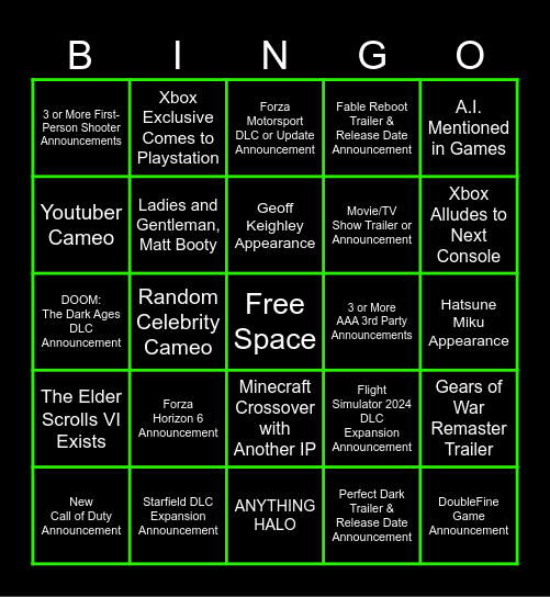Xbox Games Showcase 2025 Bingo Card