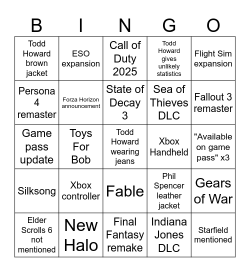 Xbox Bingo 2025 Bingo Card