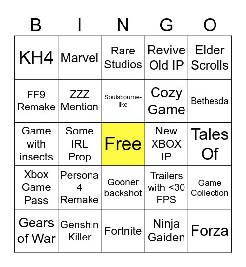 XBOX Games Showcase 2025 Bingo Card