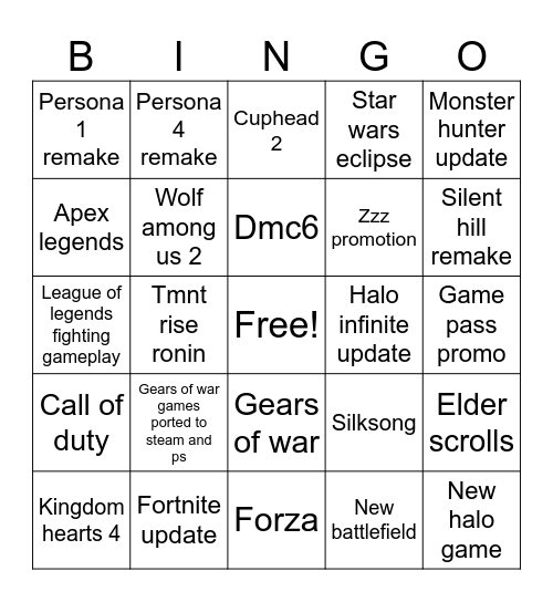 Xbox showcase Bingo Card