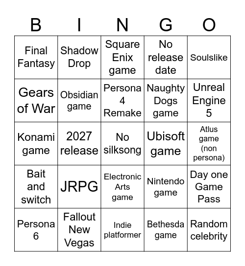 Xbox Showcase 2025 bingo Card
