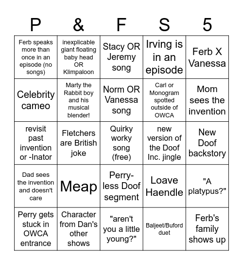 Phineas and Ferb s5 BINGO Card
