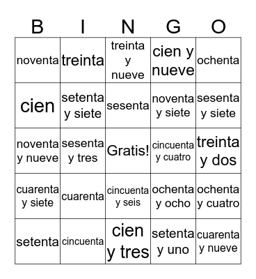 Numeros 30 a 100 Bingo Card