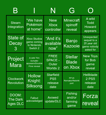Xbox Showcase 2025 Bingo Card