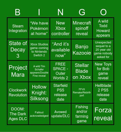 Xbox Showcase 2025 Bingo Card