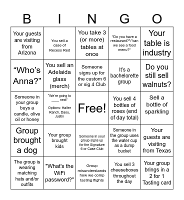 Tasting room bingo Card