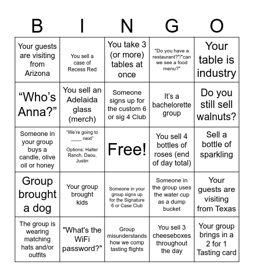 Tasting room bingo Card